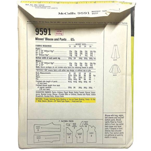 McCall's 9591 Vintage Sewing Pattern Misses' Blouse and Pants Size 12 Uncut - Picture 2 of 3